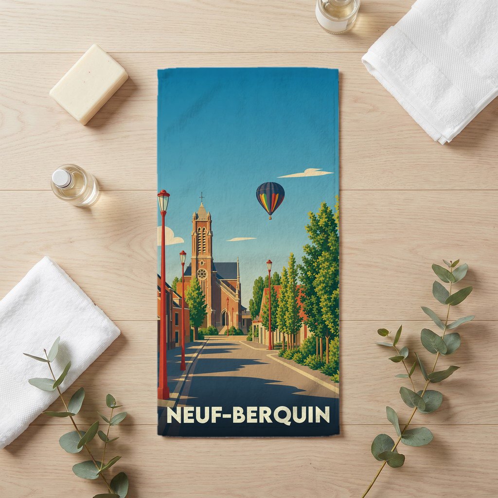 Serviette de bain souvenir de la ville de Neuf-Berquin avec une illustration stylisée.