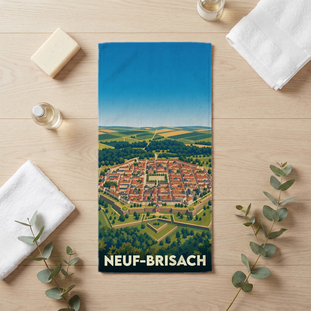 Serviette de bain souvenir de la ville de Neuf-Brisach avec une illustration stylisée de ses remparts.