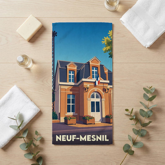 Serviette de bain souvenir de la ville de Neuf-Mesnil avec une illustration stylisée de sa mairie.