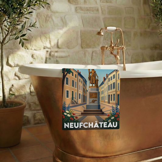 Serviette de bain souvenir de la ville de Neufchâteau illustrée d'une vue stylisée de la place principale.