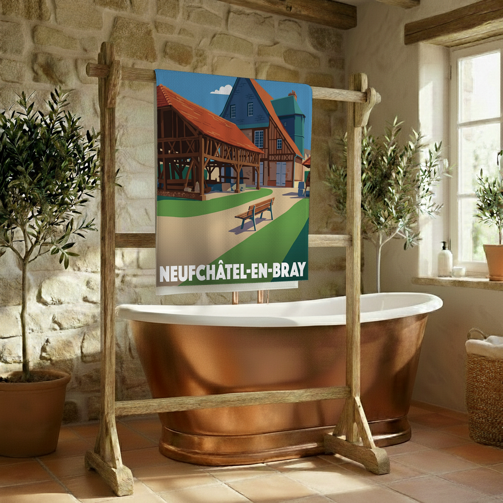 Serviette de bain souvenir de la ville de Neufchâtel-en-Bray avec une illustration stylisée.