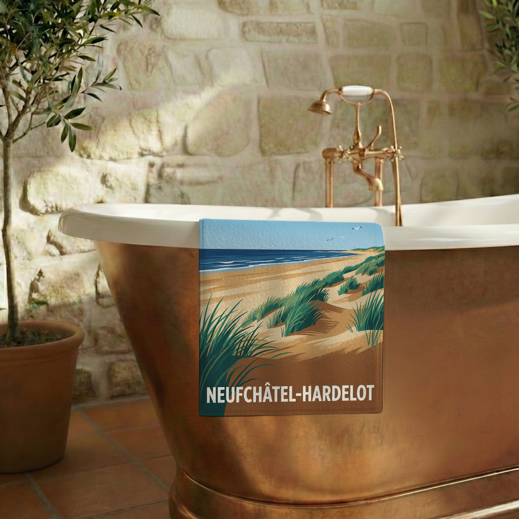 Serviette de bain souvenir de la ville de Neufchâtel-Hardelot avec une illustration stylisée.