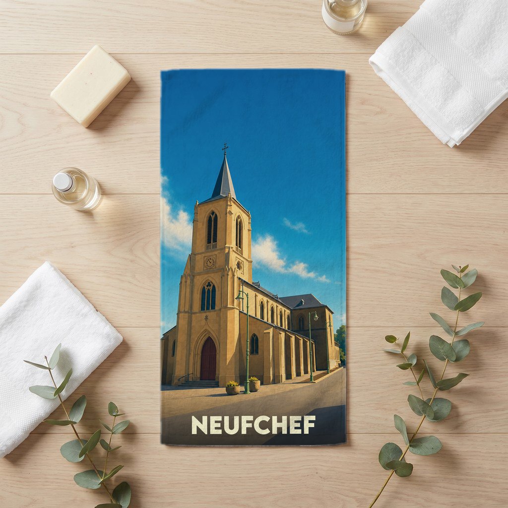 Serviette de bain souvenir de la ville de Neufchef illustrée par son église sous un ciel bleu.