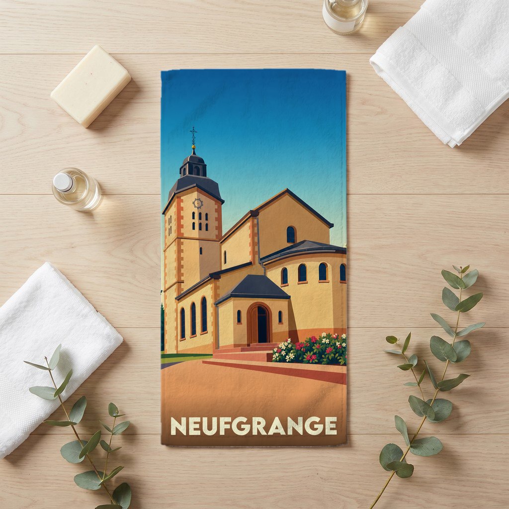 Serviette de bain souvenir de la ville de Neufgrange avec une illustration stylisée de son église.