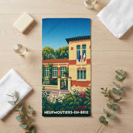 Serviette de bain souvenir de la ville de Neufmoutiers-en-Brie avec une illustration stylisée.