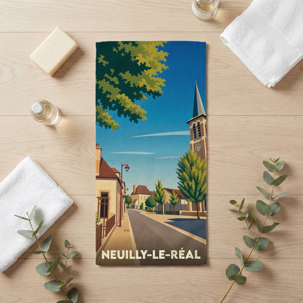 Serviette de bain souvenir de Neuilly-le-Réal avec une illustration stylisée du village.