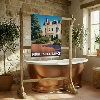 Serviette de bain souvenir de la ville de Neuilly-Plaisance avec une illustration stylisée.