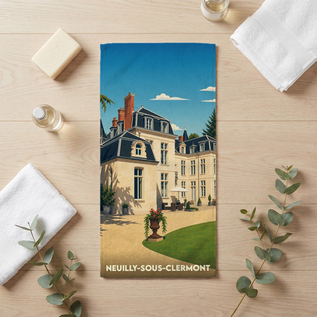 Serviette de bain souvenir de Neuilly-sous-Clermont illustrée d'un château majestueux de style classique.
