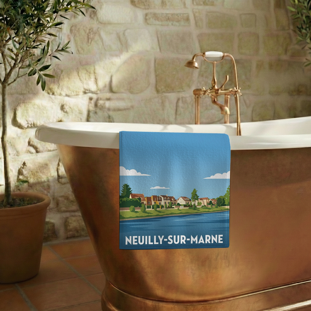 Serviette de bain souvenir de la ville de Neuilly-sur-Marne avec une illustration stylisée.