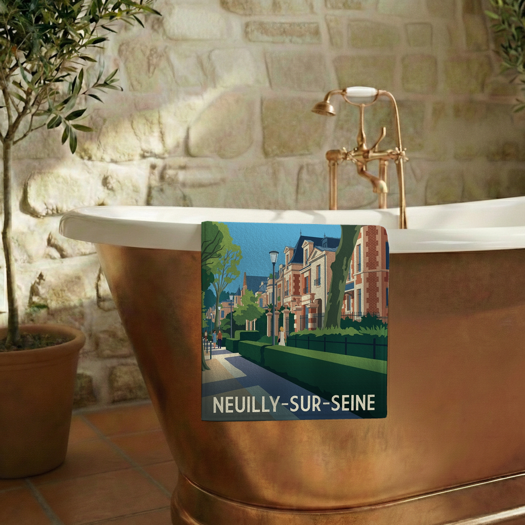 Serviette de bain souvenir de la ville de Neuilly-sur-Seine avec une illustration stylisée.
