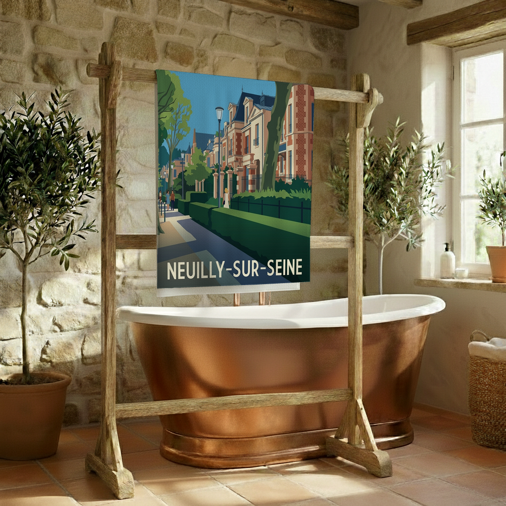 Serviette de bain souvenir de la ville de Neuilly-sur-Seine avec une illustration stylisée.