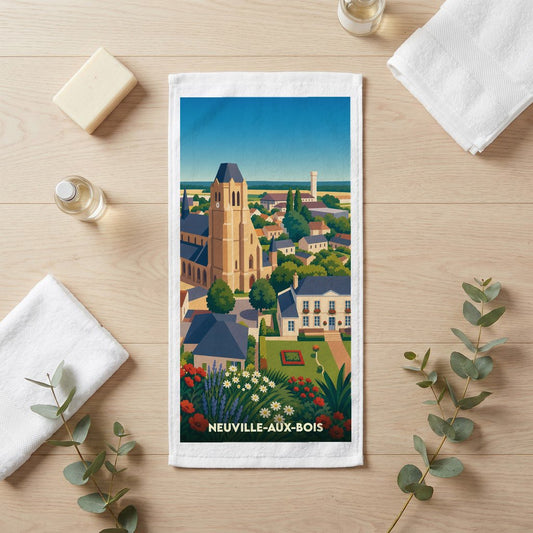 Serviette de bain souvenir de la ville de Neuville-aux-Bois avec une illustration stylisée.