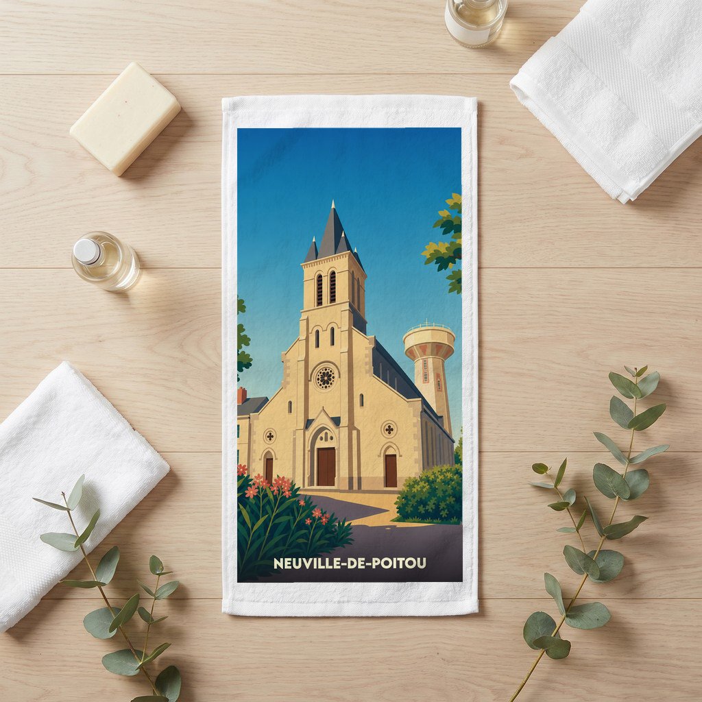 Serviette de bain souvenir de Neuville-de-Poitou avec une illustration stylisée de son église et de son château d'eau.