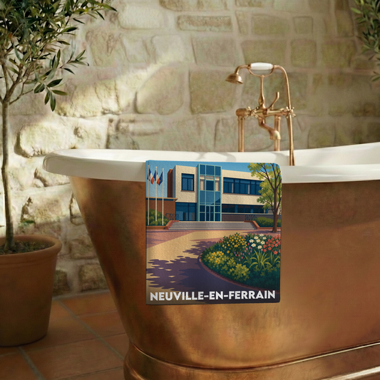 Serviette de bain souvenir de la ville de Neuville-en-Ferrain avec une illustration stylisée.
