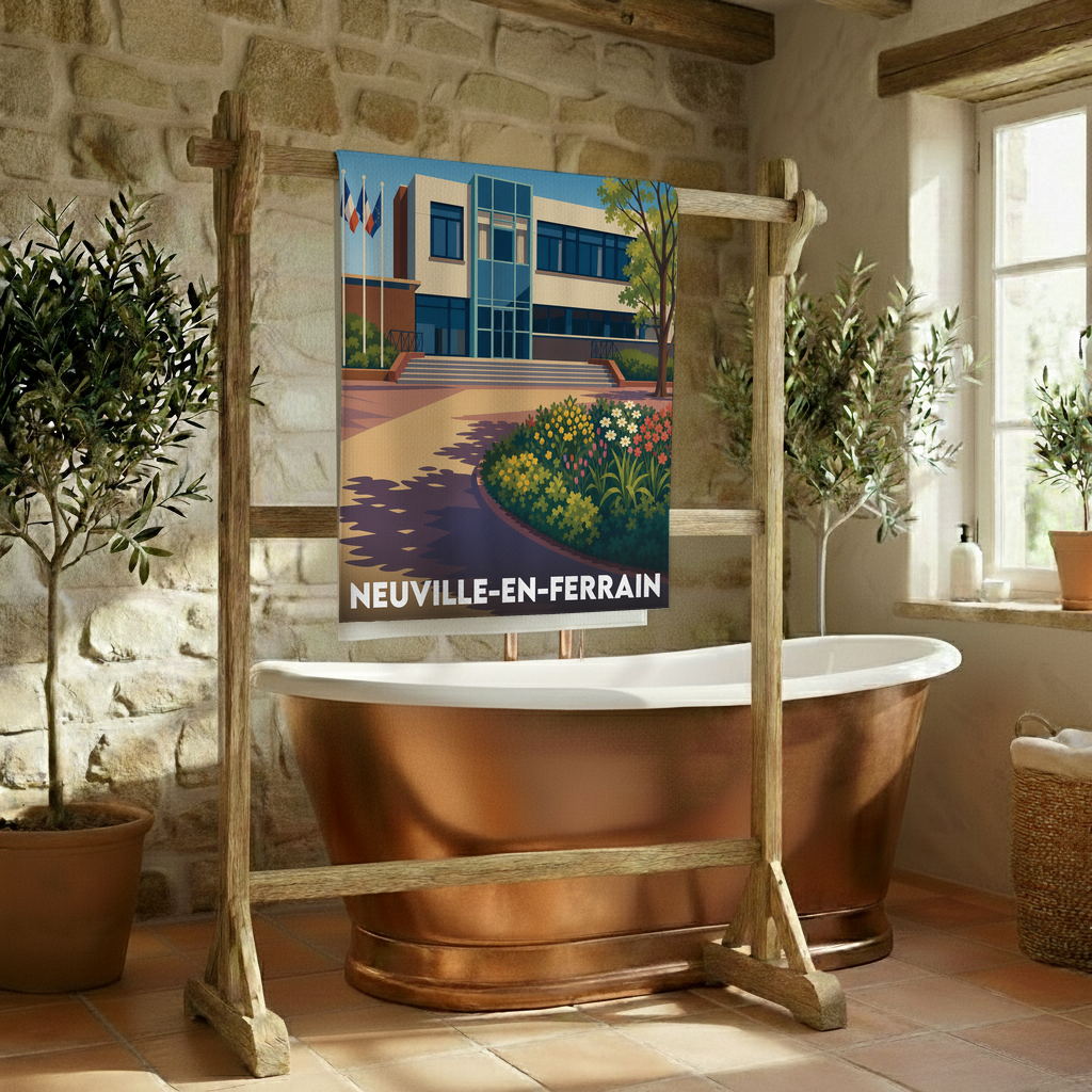 Serviette de bain souvenir de la ville de Neuville-en-Ferrain avec une illustration stylisée de l'hôtel de ville.