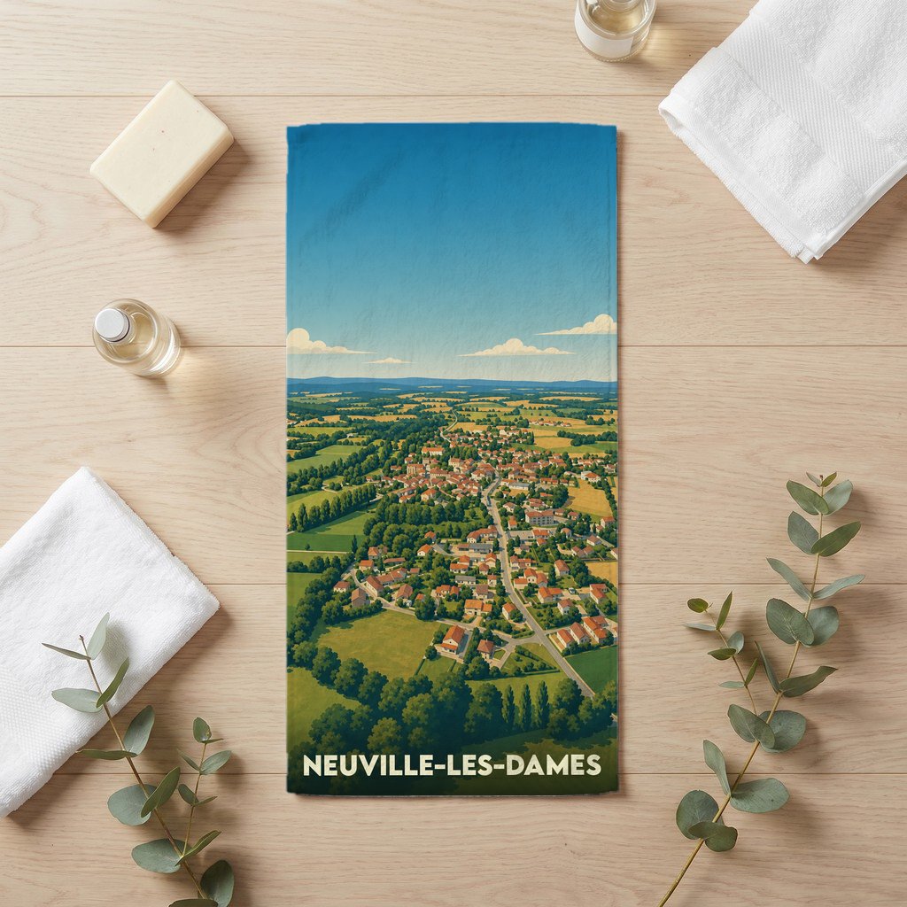 Serviette de bain souvenir de Neuville-les-Dames avec une vue aérienne illustrée du village.