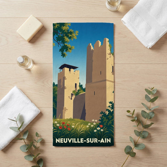 Serviette de bain souvenir de Neuville-sur-Ain illustrée d'un château médiéval stylisé.
