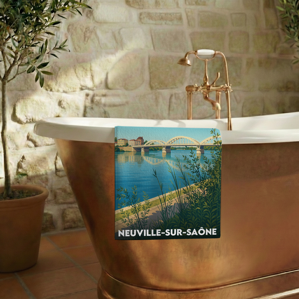 Serviette de bain souvenir de Neuville-sur-Saône avec une illustration stylisée du pont et de la rivière.
