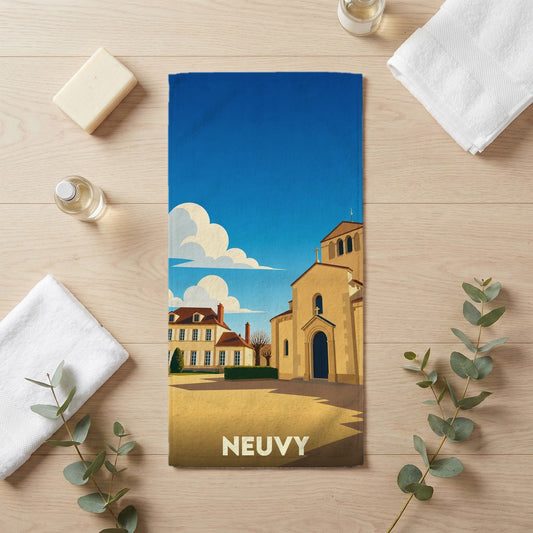 Serviette de bain souvenir de la ville de Neuvy avec une illustration stylisée.