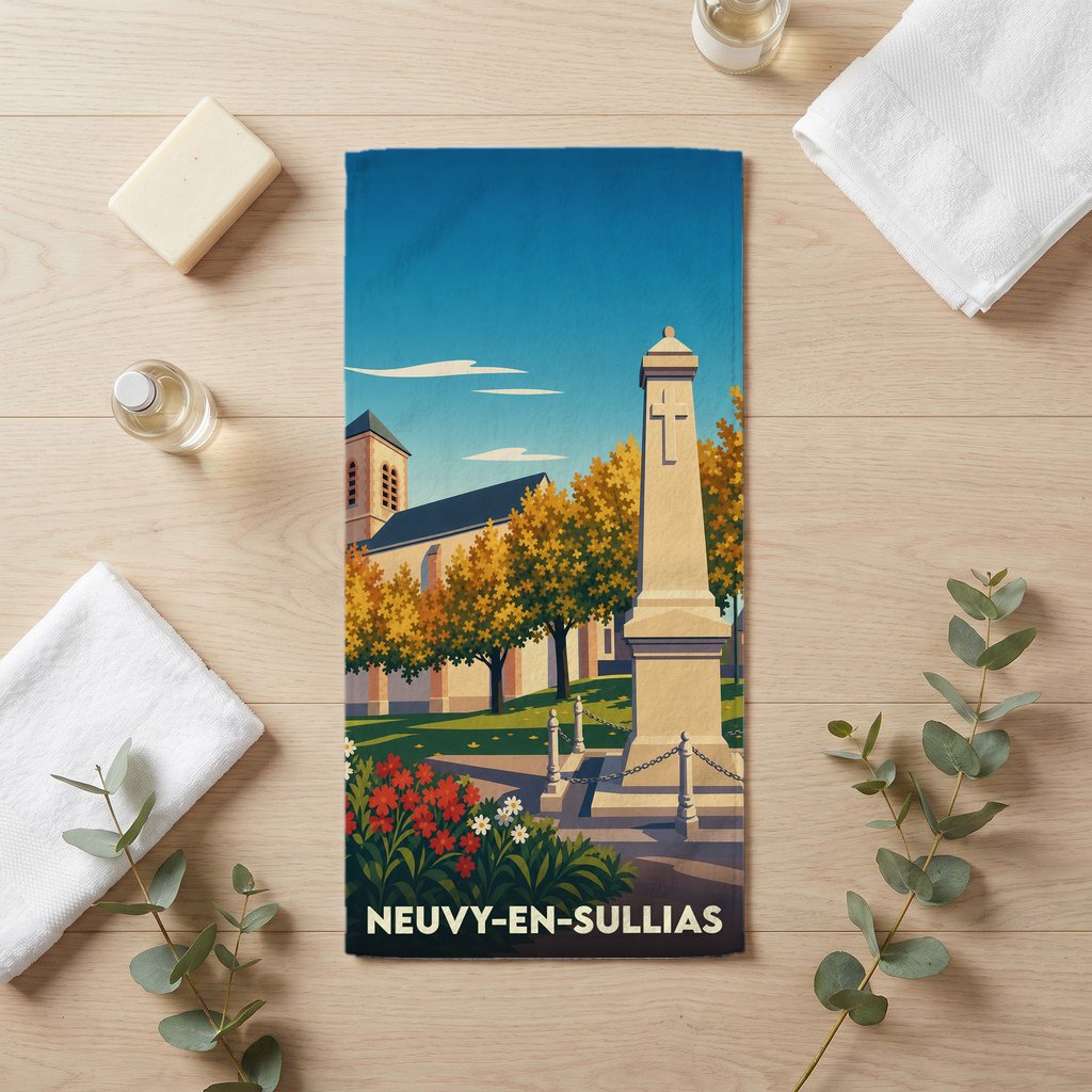 Serviette souvenir de la ville de Neuvy-en-Sullias avec une illustration stylisée.