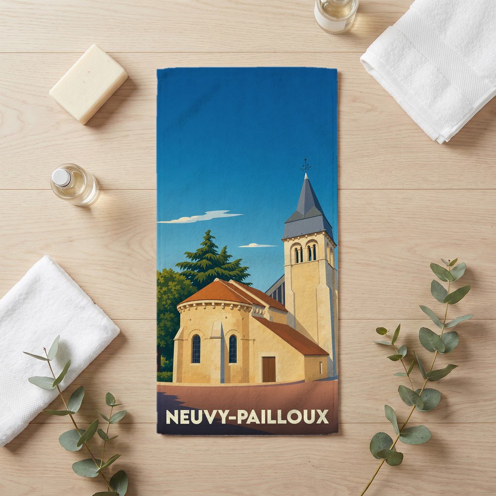 Serviette de bain souvenir de la ville de Neuvy-Pailloux avec une illustration stylisée de son église.
