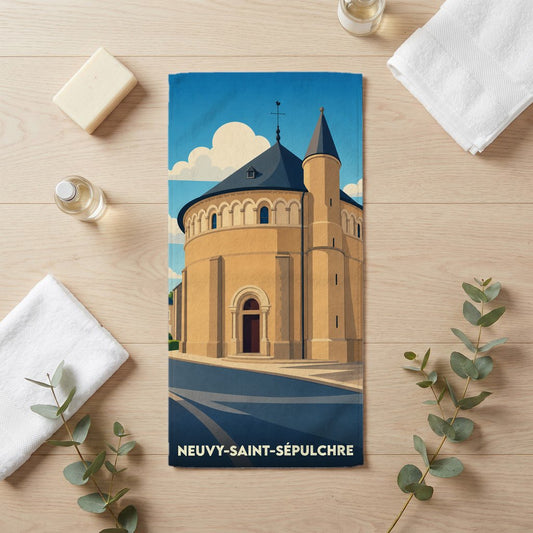 Serviette de bain souvenir de la ville de Neuvy-Saint-Sépulchre avec une illustration stylisée de son église ronde.