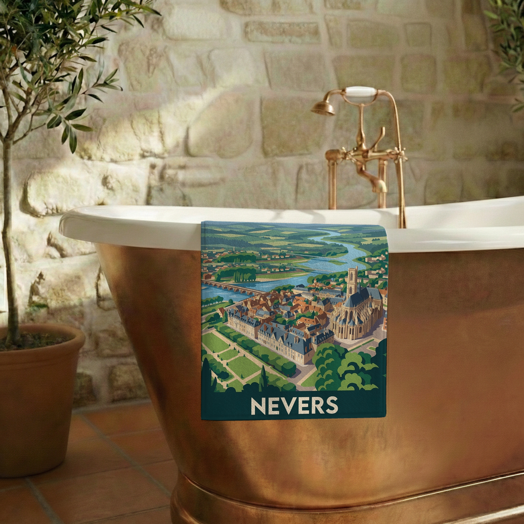 Serviette de bain souvenir de la ville de Nevers avec une illustration stylisée.