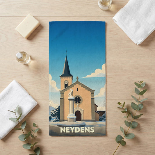 Serviette de bain souvenir de la ville de Neydens avec une illustration stylisée de son église sous la neige.