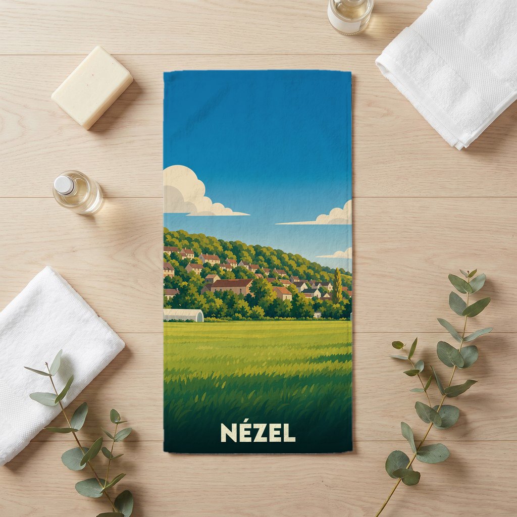 Serviette de bain souvenir de la ville de Nézel avec une illustration de paysage stylisée.
