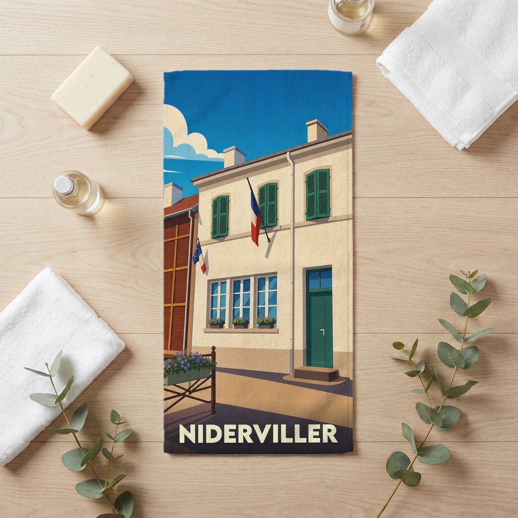Serviette de bain souvenir de la ville de Niderviller avec une illustration de bâtiment de style affiche de voyage.