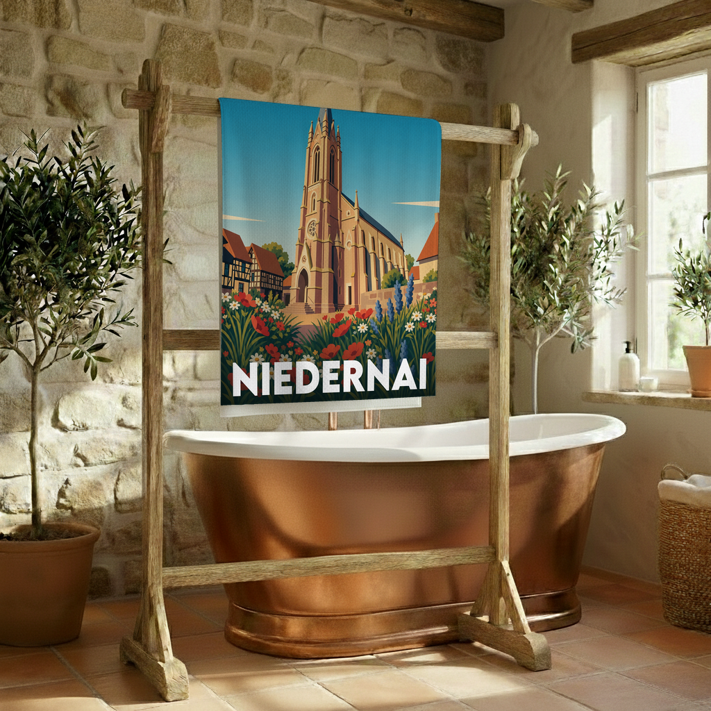 Serviette de bain souvenir de la ville de Niedernai avec une illustration stylisée de son église et de fleurs.