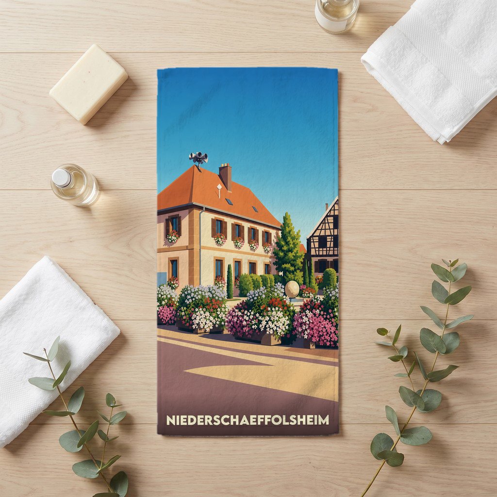 Serviette de bain souvenir de la ville de Niederschaeffolsheim avec une illustration stylisée de son architecture fleurie.
