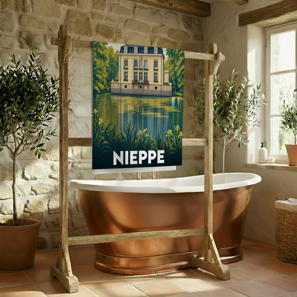 Serviette de bain souvenir de la ville de Nieppe illustrée d'un château se reflétant dans l'eau.
