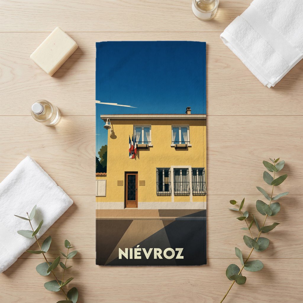 Serviette de bain souvenir de la ville de Niévroz avec une illustration stylisée.