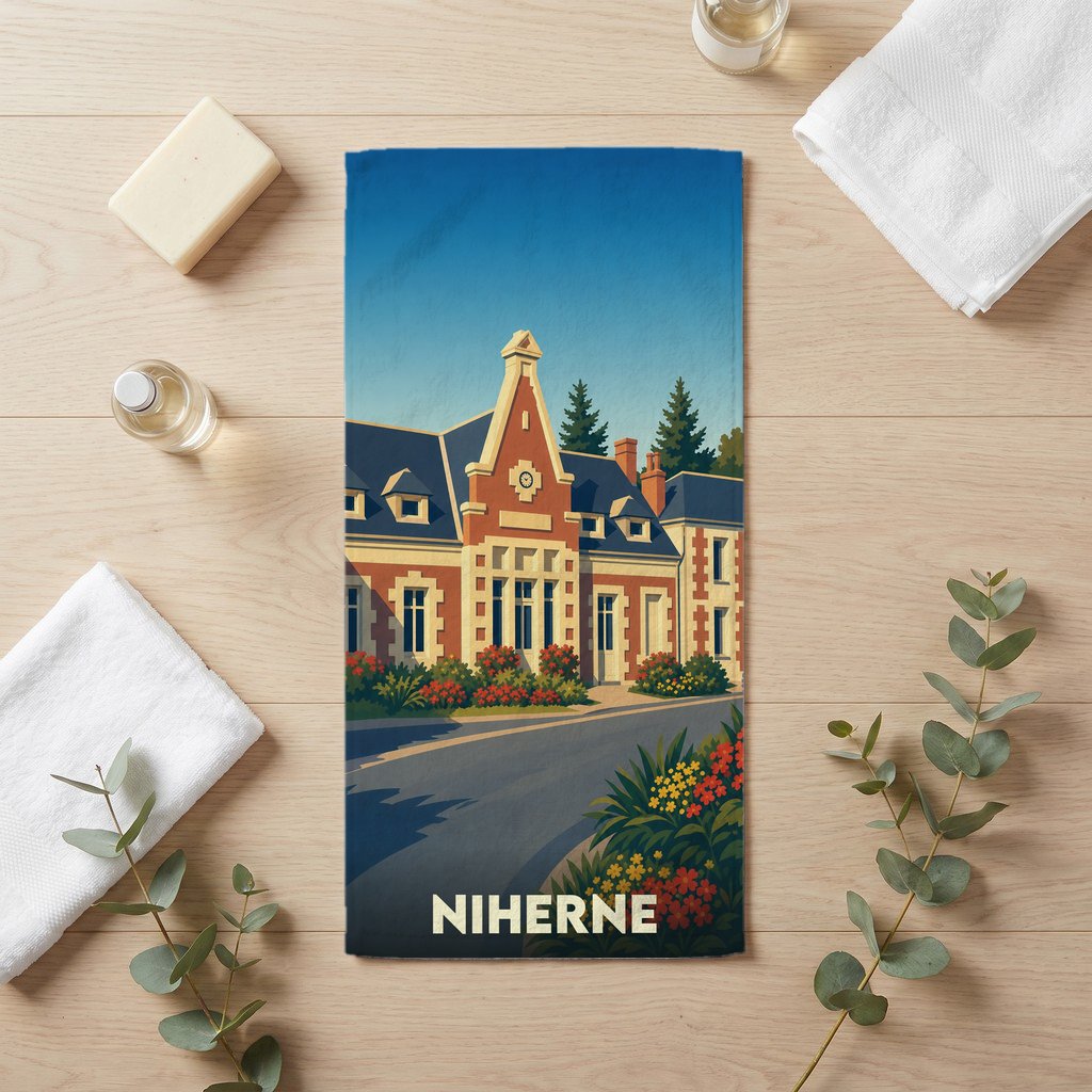 Serviette de bain souvenir de la ville de Niherne illustrée d'un bâtiment historique de style vintage.