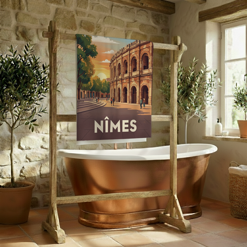 Serviette de bain souvenir de la ville de Nîmes avec une illustration stylisée.