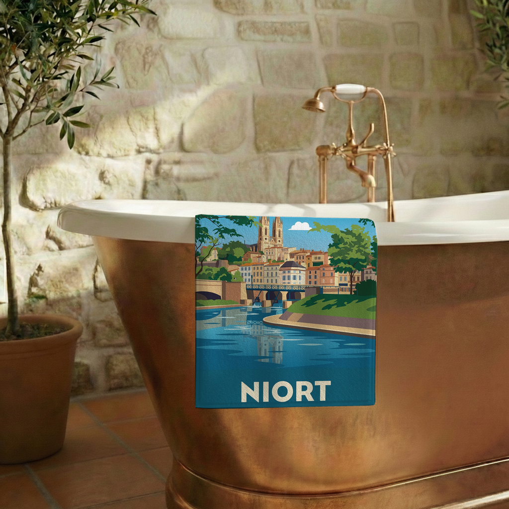Serviette de bain souvenir de la ville de Niort avec une illustration stylisée.