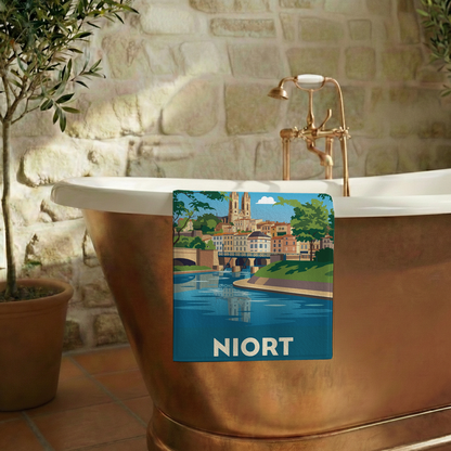 Serviette de bain souvenir de la ville de Niort avec une illustration stylisée.