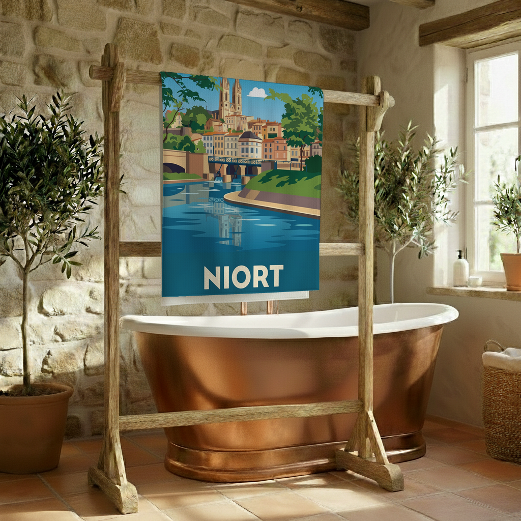 Serviette de bain souvenir de la ville de Niort avec une illustration stylisée.