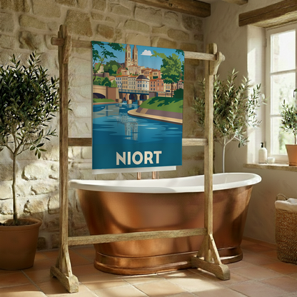 Serviette de bain souvenir de la ville de Niort avec une illustration stylisée.