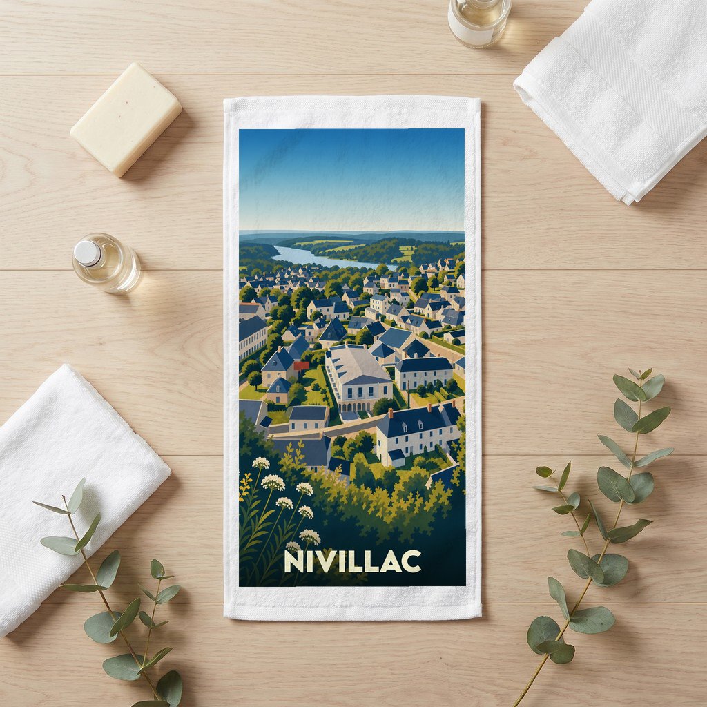 Serviette de bain souvenir de la ville de Nivillac avec une illustration stylisée de son paysage urbain.