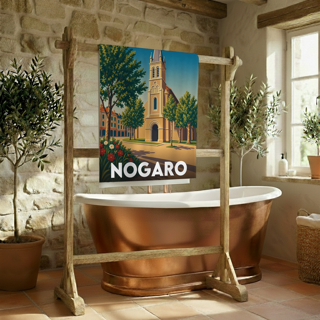 Serviette de bain souvenir de la ville de Nogaro avec une illustration stylisée.