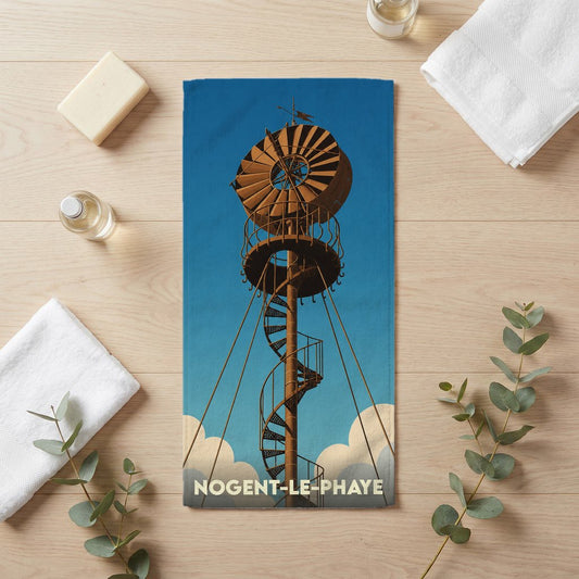 Serviette de bain souvenir de la ville de Nogent-le-Phaye illustrée d'une éolienne rétro sur fond bleu.