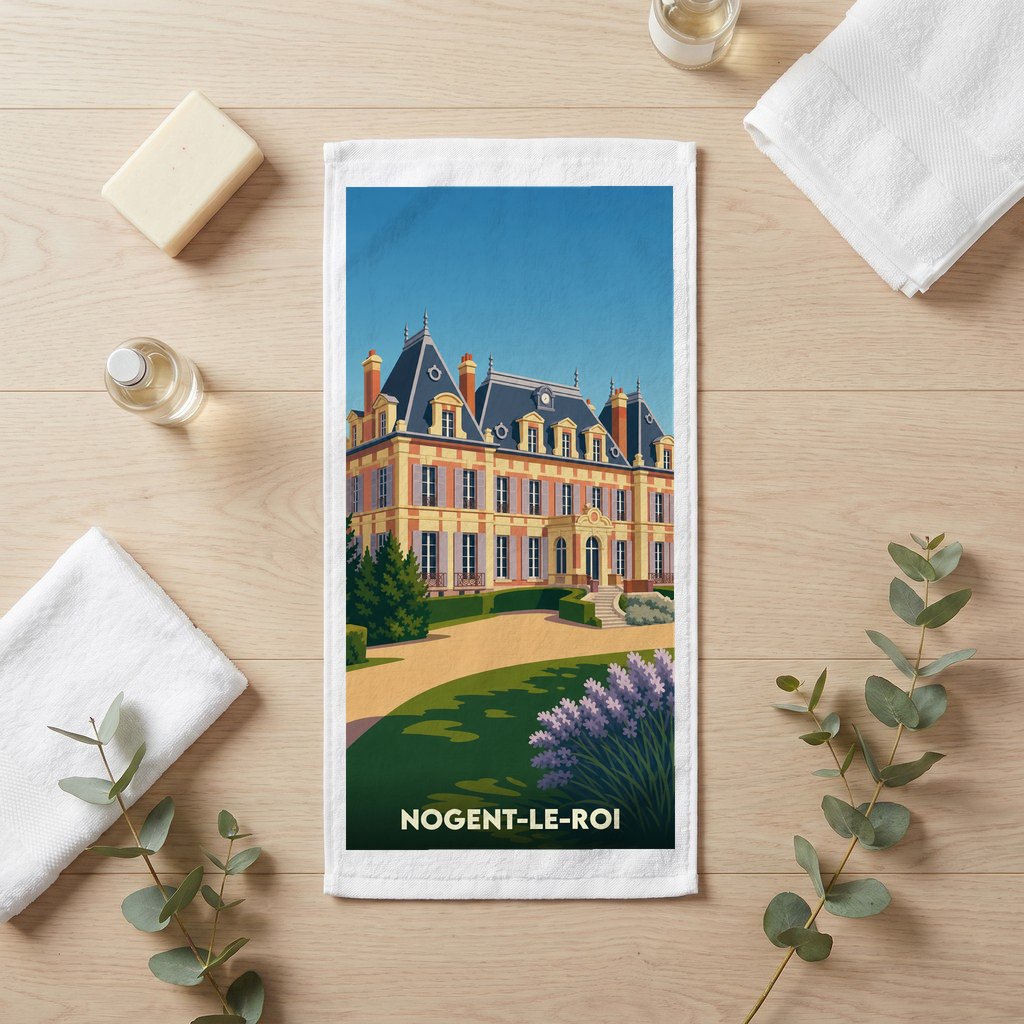 Serviette de bain souvenir de la ville de Nogent-le-Roi avec une illustration stylisée de son château.