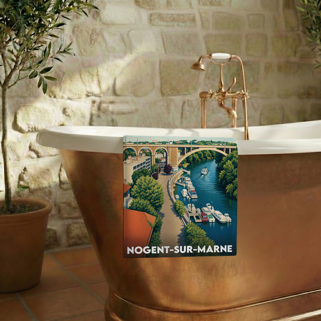 Serviette de bain souvenir de Nogent-sur-Marne avec une illustration stylisée des bords de Marne et du viaduc.