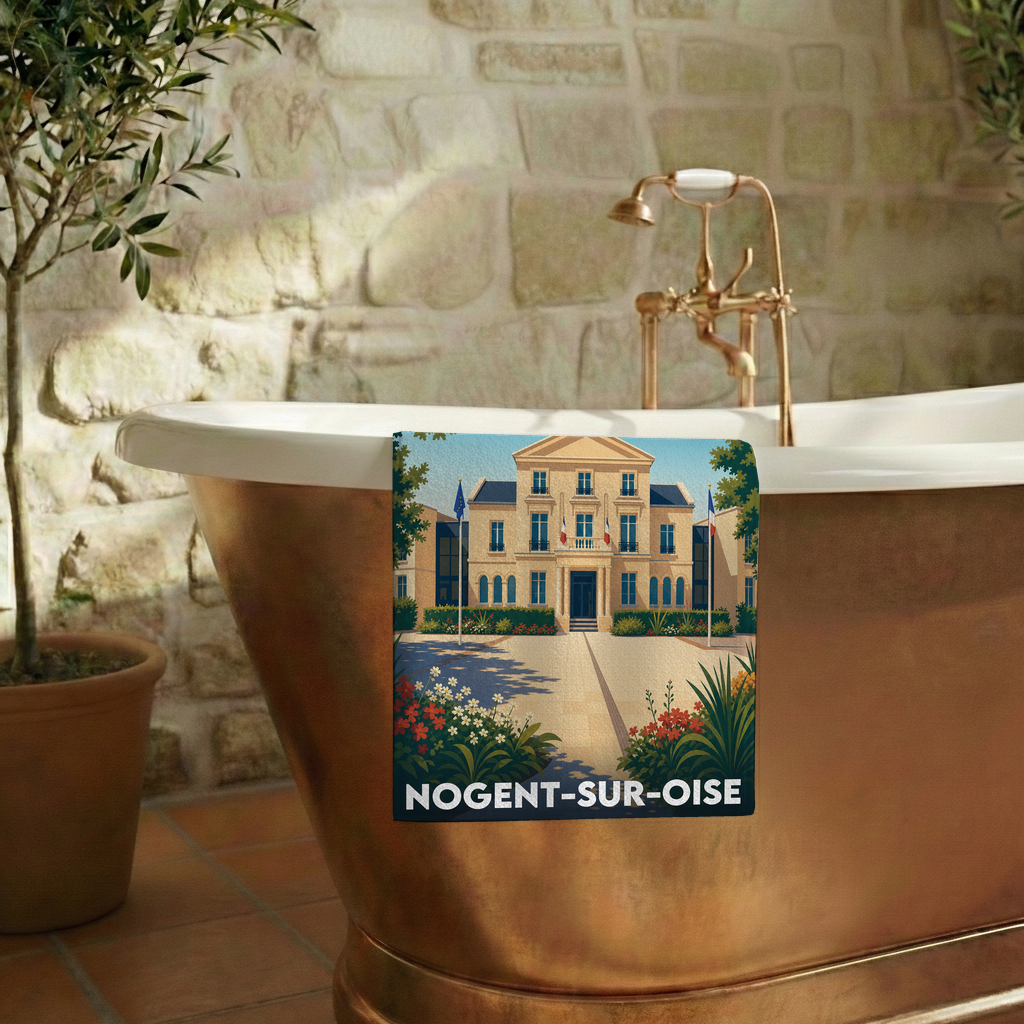 Serviette de bain souvenir de la ville de Nogent-sur-Oise avec une illustration stylisée de l'hôtel de ville.