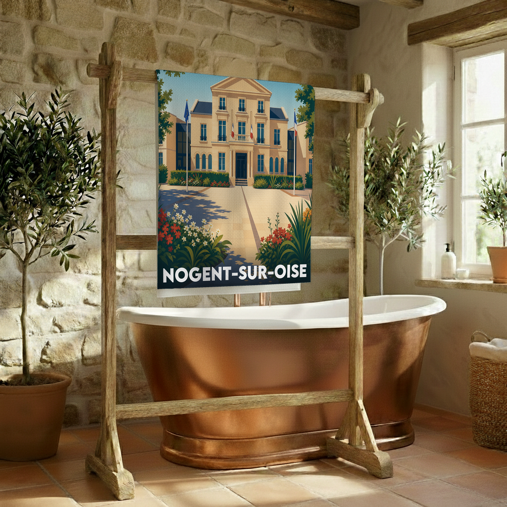 Serviette de bain souvenir de la ville de Nogent-sur-Oise avec une illustration stylisée de son hôtel de ville.