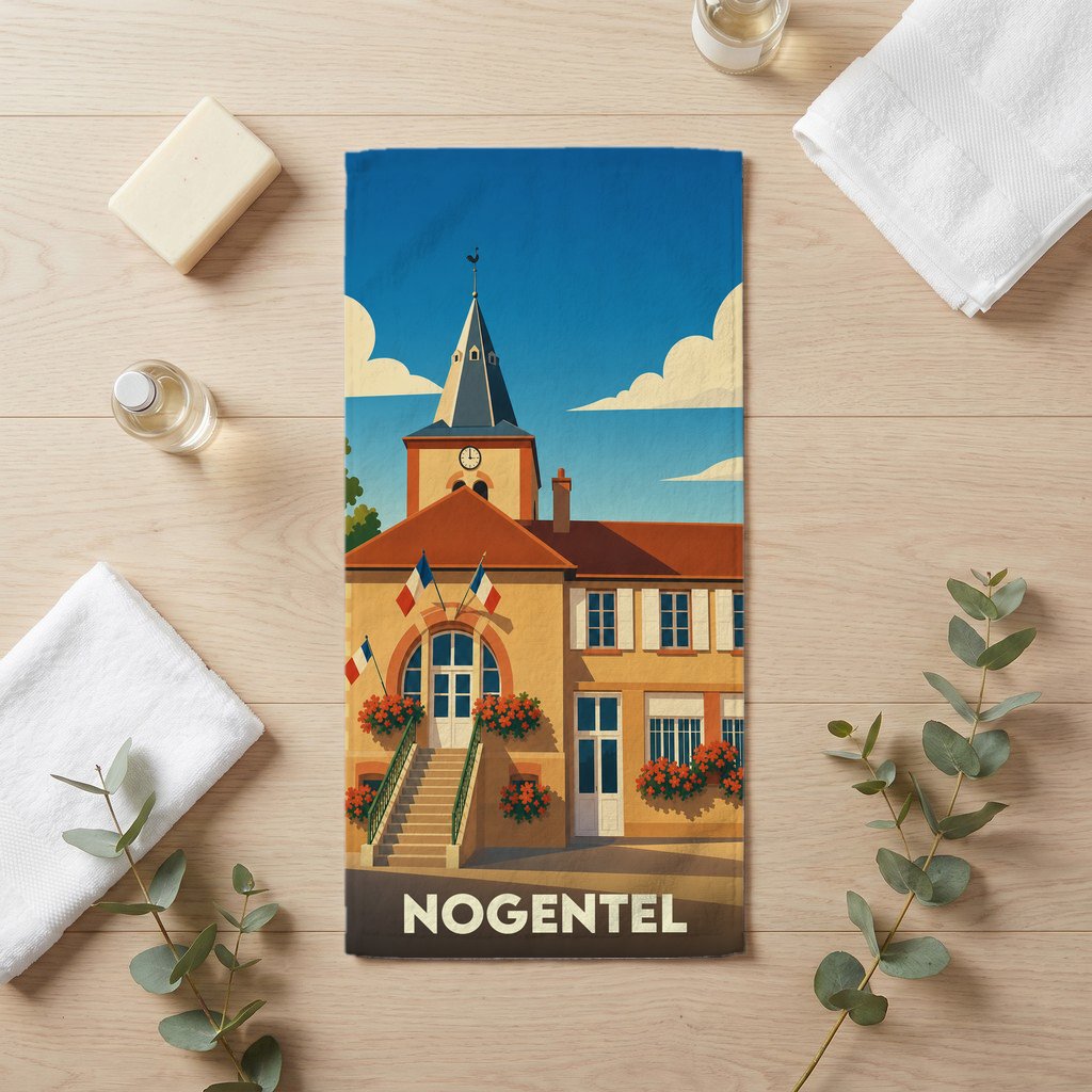 Serviette de bain souvenir de la ville de Nogentel avec une illustration stylisée de sa mairie.