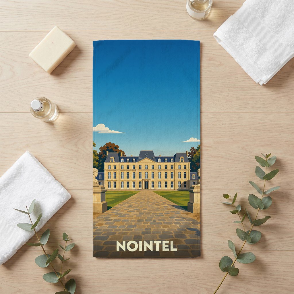 Serviette de bain souvenir de la ville de Nointel avec une illustration stylisée de son château.