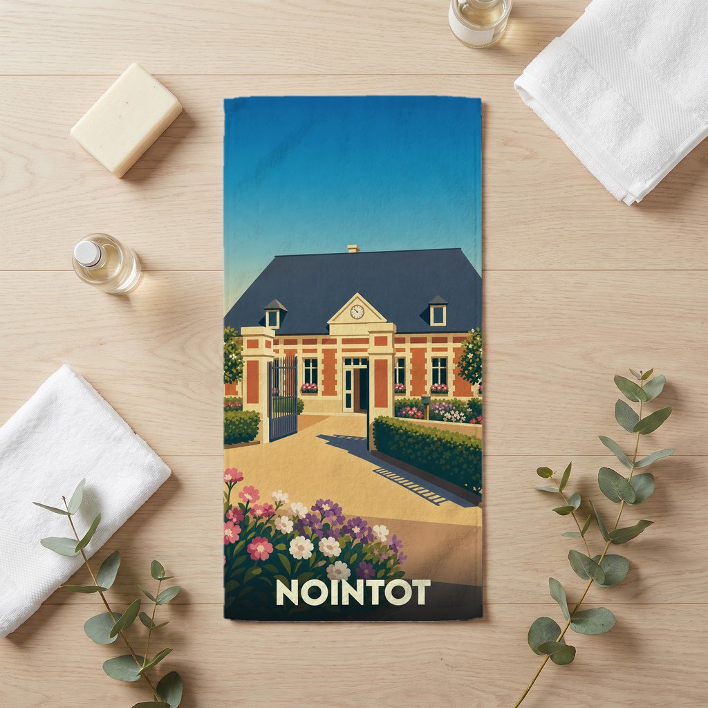 Serviette de bain souvenir de la ville de Nointot avec une illustration stylisée de son architecture.